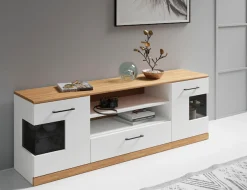 OTTO home Lowboard »Ribe,160cm breit,55cm hoch,Oberplatte massiv« Oberplatte Massivholz,schwarze Metall Griffe,2 Türen mit Glaseinsatz