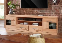 OTTO home Lowboard »Ribe,180cm breit, Fronten Massivholz,6 Fächer,Kabeldurchführung« Korpus Holzwerkstoff,Glaseinsatz aus gehärtetem Glas,Böden versetzbar