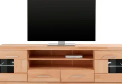 OTTO home Lowboard »Ribe,180cm breit, Fronten Massivholz,6 Fächer,Kabeldurchführung« Korpus Holzwerkstoff,Glaseinsatz aus gehärtetem Glas,Böden versetzbar