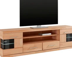 OTTO home Lowboard »Ribe,180cm breit, Fronten Massivholz,6 Fächer,Kabeldurchführung« Korpus Holzwerkstoff,Glaseinsatz aus gehärtetem Glas,Böden versetzbar