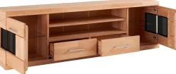 OTTO home Lowboard »Ribe,180cm breit, Fronten Massivholz,6 Fächer,Kabeldurchführung« Korpus Holzwerkstoff,Glaseinsatz aus gehärtetem Glas,Böden versetzbar