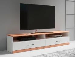 OTTO home Lowboard »Ribe,140cm breit,38cm hoch mit 2 Klappen,Oberplatte aus Massivholz« Oberplatte Kernbuche massiv,schwarze Metall Griffe