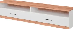 OTTO home Lowboard »Ribe,140cm breit,38cm hoch mit 2 Klappen,Oberplatte aus Massivholz« Oberplatte Kernbuche massiv,schwarze Metall Griffe