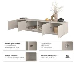 OTTO home Lowboard »Tatami, Modernes griffloses TV-Board, Breit 220,50cm, TV-Schrank« TV-Schrank, TV-Board mit viel Stauraum, push-to-open-Funktion