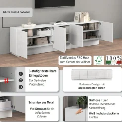 OTTO home Lowboard »VELA, Höhe 60 cm, Breite 225 cm,Design mit schrägen Türen« 1 Stk. tlg. Made in Italy, Hochglanz lackierte Fronten, TV-Board, TV-Kommode