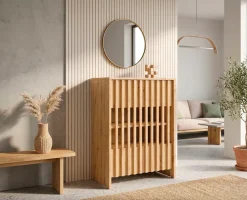 OTTO home Mehrzweckschrank »MURET, multifunktionale Kommode, 4 Fächer und 2 Türen, Lamellenfronten« Maße B/T/H: 60/35,4/87 cm,Kommode mit viel Stauraum, Maße B/T/H: 60/35,4/87 cm