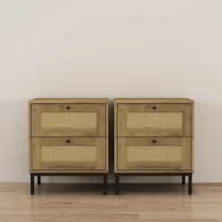 OTTO home Nachtkommode »Motala Schlafzimmerschrank Garderobe Boho Eichen-Design« Set, 2 Schränke im Set - Eichen-Design mit schwarzen Griffen,Nachttisch Set mit je 2 Schubladen mit wiener Geflecht optik