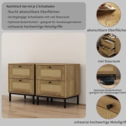 OTTO home Nachtkommode »Motala Schlafzimmerschrank Garderobe Boho Eichen-Design« Set, 2 Schränke im Set - Eichen-Design mit schwarzen Griffen,Nachttisch Set mit je 2 Schubladen mit wiener Geflecht optik