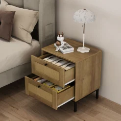 OTTO home Nachtkommode »Motala Schlafzimmerschrank Garderobe Boho Eichen-Design« Set, 2 Schränke im Set - Eichen-Design mit schwarzen Griffen,Nachttisch Set mit je 2 Schubladen mit wiener Geflecht optik