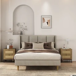 OTTO home Nachtkommode »Motala Schlafzimmerschrank Garderobe Boho Eichen-Design« Set, 2 Schränke im Set - Eichen-Design mit schwarzen Griffen,Nachttisch Set mit je 2 Schubladen mit wiener Geflecht optik