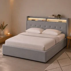 OTTO home Polsterbett »Hamar, beleuchtetes Regal, USB/ USB-C, bis 250 KG belastbar« LED-Licht und USB und USB-C Ladegerät im Kopfteil, Knopfsteppung