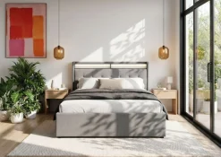 OTTO home Polsterbett »Hamar, beleuchtetes Regal, USB/ USB-C, bis 250 KG belastbar« LED-Licht und USB und USB-C Ladegerät im Kopfteil, Knopfsteppung