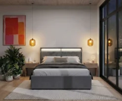 OTTO home Polsterbett »Hamar, beleuchtetes Regal, USB/ USB-C, bis 250 KG belastbar« LED-Licht und USB und USB-C Ladegerät im Kopfteil, Knopfsteppung