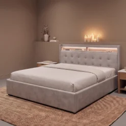 OTTO home Polsterbett »Hamar, beleuchtetes Regal, USB/ USB-C, bis 250 KG belastbar« LED-Licht und USB und USB-C Ladegerät im Kopfteil, Knopfsteppung
