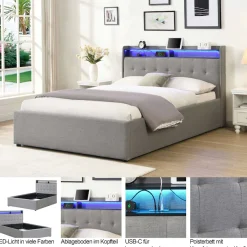 OTTO home Polsterbett »Hamar, beleuchtetes Regal, USB/ USB-C, bis 250 KG belastbar« LED-Licht und USB und USB-C Ladegerät im Kopfteil, Knopfsteppung