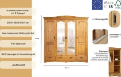 OTTO home Schiebetürenschrank »Konrad, Landhausstil, rustikal, mit Schubladen + Spiegel, Kassetten« massive Kiefer, FSC®-zertifiziert, Messinggriffe