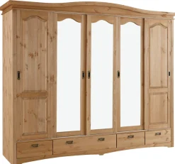 OTTO home Schiebetürenschrank »Konrad, Landhausstil, rustikal, mit Schubladen + Spiegel, Kassetten« massive Kiefer, FSC®-zertifiziert, Messinggriffe