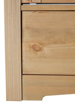 OTTO home Schiebetürenschrank »Konrad, Landhausstil, rustikal, mit Schubladen + Spiegel, Kassetten« massive Kiefer, FSC®-zertifiziert, Messinggriffe