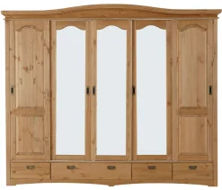 OTTO home Schiebetürenschrank »Konrad, Landhausstil, rustikal, mit Schubladen + Spiegel, Kassetten« massive Kiefer, FSC®-zertifiziert, Messinggriffe