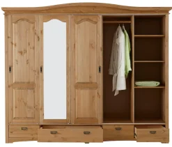 OTTO home Schiebetürenschrank »Konrad, Landhausstil, rustikal, mit Schubladen + Spiegel, Kassetten« massive Kiefer, FSC®-zertifiziert, Messinggriffe