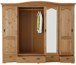 OTTO home Schiebetürenschrank »Konrad, Landhausstil, rustikal, mit Schubladen + Spiegel, Kassetten« massive Kiefer, FSC®-zertifiziert, Messinggriffe
