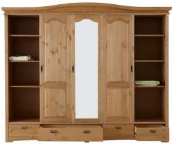 OTTO home Schiebetürenschrank »Konrad, Landhausstil, rustikal, mit Schubladen + Spiegel, Kassetten« massive Kiefer, FSC®-zertifiziert, Messinggriffe