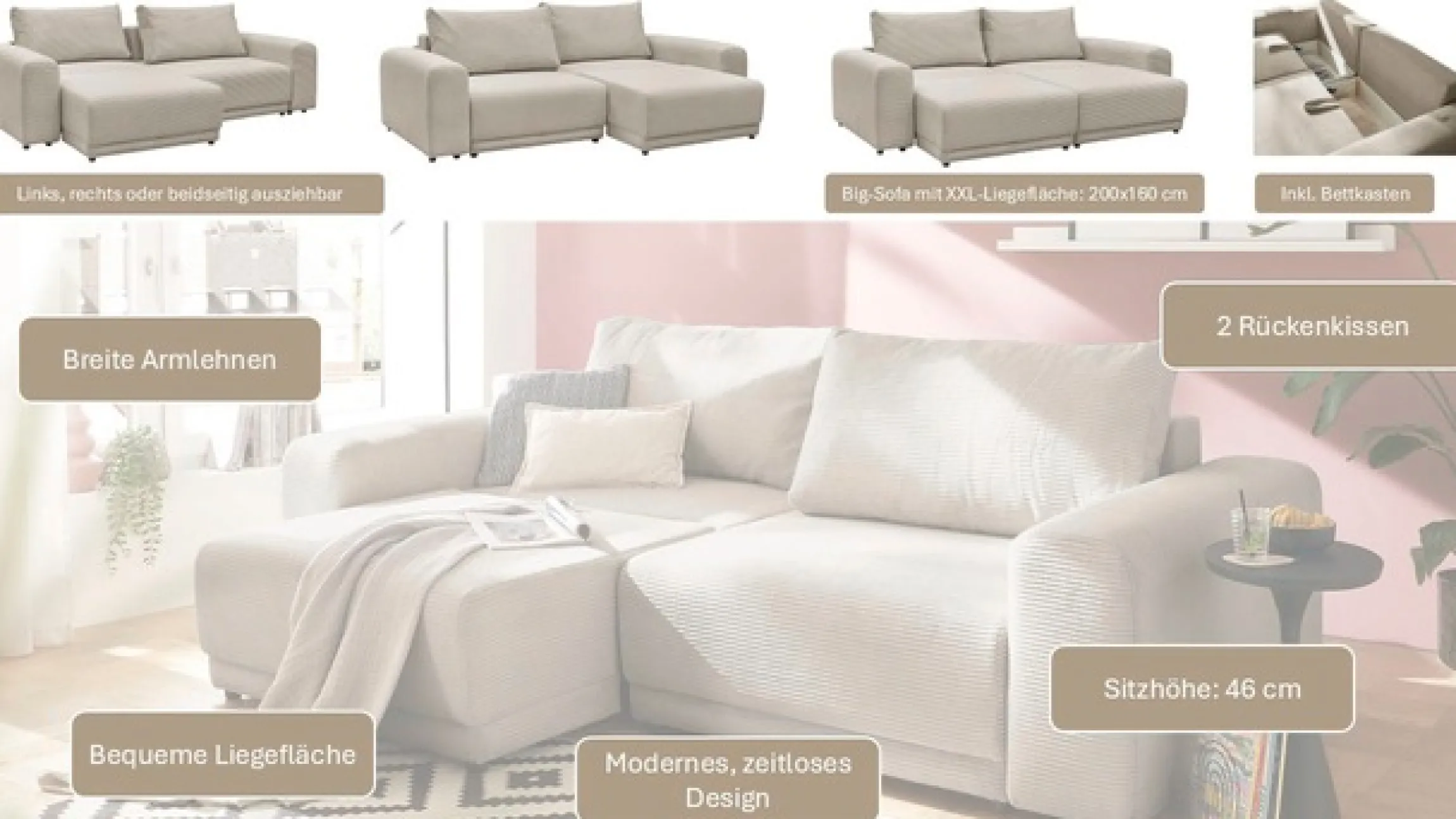 OTTO home Schlafsofa »PHEELIX Cord, mit 3 Funktionen« Elemente einzeln oder gleichzeitig ausziehbar, bequemer Sitzkomfort