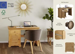 OTTO home Schreibtisch »Ayanna« Massivholz, mit Schublade und Tür, Lamellenfront, Breite 130 cm