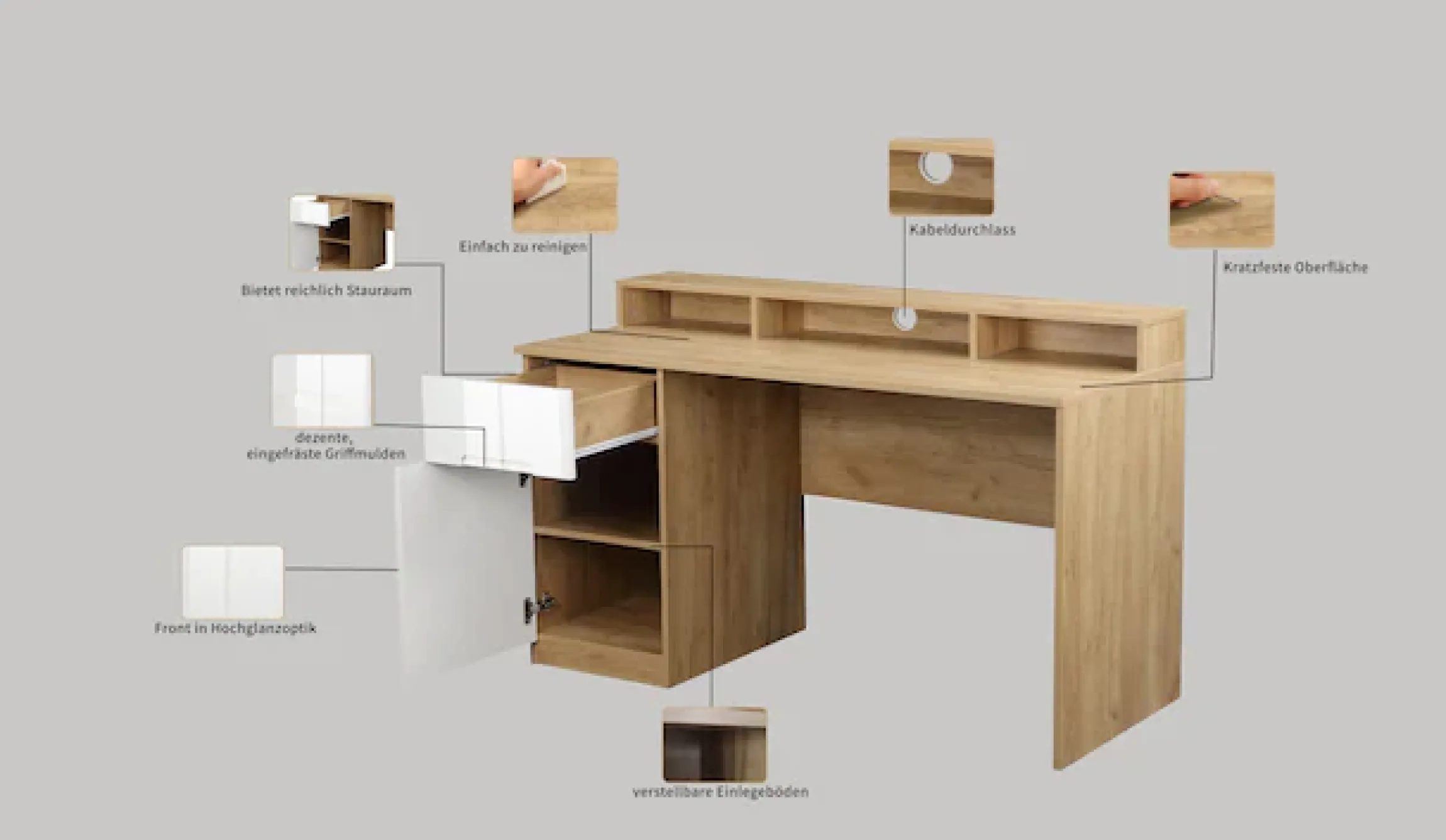 OTTO home Schreibtisch »Lund« Computertisch mit Kabeldurchlass & Schublade,Monitoraufsatz, Hochglanzfronten, Breite 140 cm