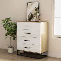 OTTO home Schubkastenkommode »Lucca Sideboard mit schwarzen Griffen 4 Schubladen Kufengestell« Hochwertige Hochglanzfronten in weiß,Kommode Wäscheschrank im Loft Design mit 4 Schubladen