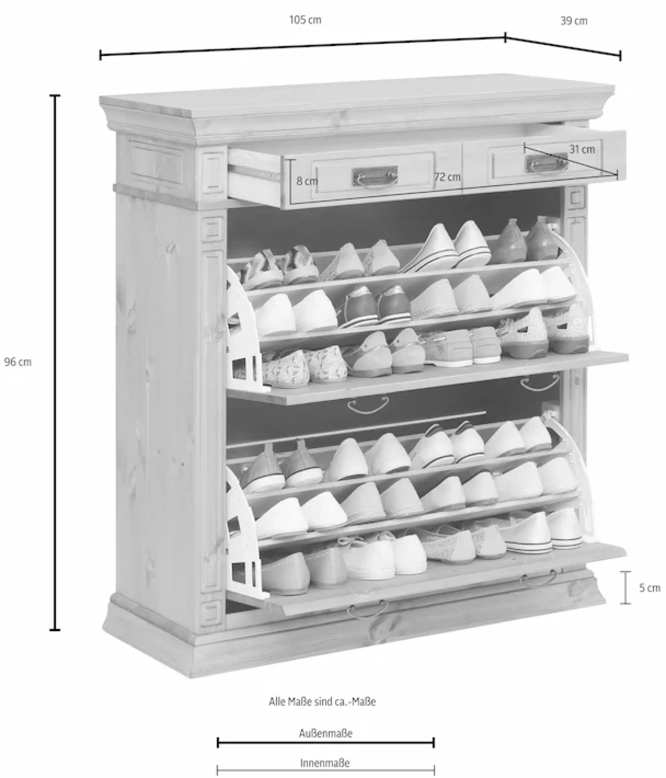 OTTO home Schuhkommode »Vinales mit Messinggriffe im Jugendstil, 1 Schublade, 2 Klappen« Messinggriffe im Jugendstil, Platz für ca. 24 Schuhe