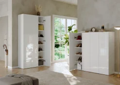 OTTO home Schuhschrank »SMILE Breite 124 cm, Höhe 114 cm, Schuhregal mit 5 Ebenen, 10 Fächer,« Schuhkommode in Weiss Hochglanz Lack