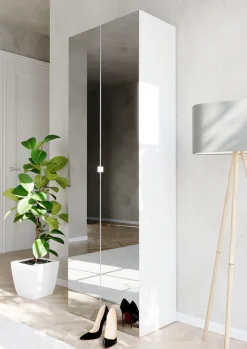 OTTO home Schuhschrank »SMILE Höhe 184 cm, Weiß Hochglanz lackiert mit 2 Spiegeltüren,« Schuhregal mit 7 Ebenen, Metallgriff, viel Stauraum, 4 Böden variabel