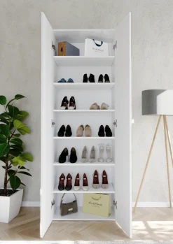 OTTO home Schuhschrank »SMILE Höhe 184 cm, Weiß Hochglanz lackiert mit 2 Spiegeltüren,« Schuhregal mit 7 Ebenen, Metallgriff, viel Stauraum, 4 Böden variabel