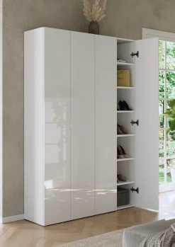 OTTO home Schuhschrank »SMILE Breite 124 cm, Höhe 184 cm, Schuhregal mit 7 Ebenen, 14 Fächer« Schuhkommode in Weiss Hochglanz Lack, 2 Metallgriffe