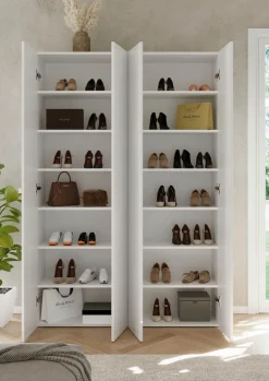 OTTO home Schuhschrank »SMILE Breite 124 cm, Höhe 184 cm, Schuhregal mit 7 Ebenen, 14 Fächer« Schuhkommode in Weiss Hochglanz Lack, 2 Metallgriffe