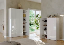 OTTO home Schuhschrank »SMILE Breite 124 cm, Höhe 184 cm, Schuhregal mit 7 Ebenen, 14 Fächer« Schuhkommode in Weiss Hochglanz Lack, 2 Metallgriffe