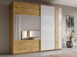OTTO home Schwebetürenschrank »Fabellaa, Weiß Hochglanz mit Eiche Dekor, mit Spiegel, 2 Schwebetüren« BxHxT 250x218x66,5 cm,mit 8 Einlegeböden, 2 Metallkleiderstangen, maximaler Stauraum
