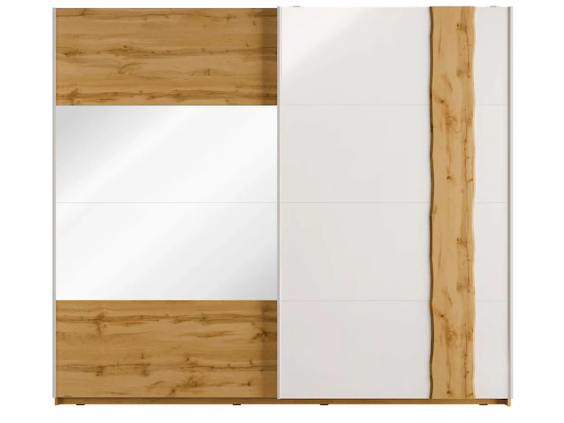 OTTO home Schwebetürenschrank »Fabellaa, Weiß Hochglanz mit Eiche Dekor, mit Spiegel, 2 Schwebetüren« BxHxT 250x218x66,5 cm,mit 8 Einlegeböden, 2 Metallkleiderstangen, maximaler Stauraum
