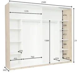 OTTO home Schwebetürenschrank »Fabellaa, Weiß Hochglanz mit Eiche Dekor, mit Spiegel, 2 Schwebetüren« BxHxT 250x218x66,5 cm,mit 8 Einlegeböden, 2 Metallkleiderstangen, maximaler Stauraum