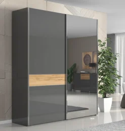 OTTO home Schwebetürenschrank »Onyx, Schwebetürenschrank inklusive Innenleben,FSC-zertifiziert« in 3 Breiten: 182, 230 oder 272cm,Höhe 224cm, mit Spiegel,UV lackiert, hochglänzend anthrazit, mit Soft-Close Funktion