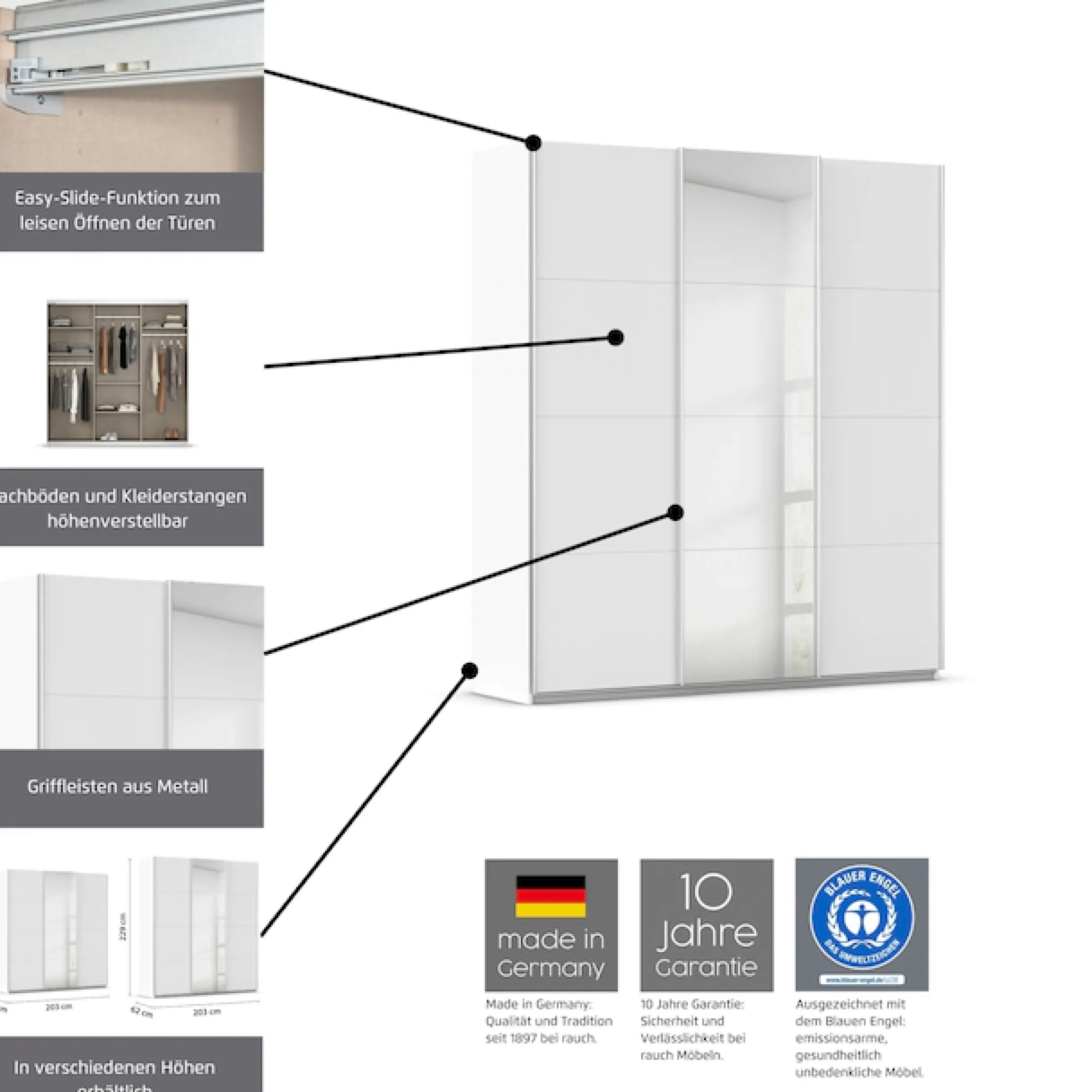 OTTO home Schwebetürenschrank »Kleiderschrank Kleiderschränke Schrank Garderobe AGORDO mit Glasfront« Breiten 203/271/315/360 cm, Höhen 210/229 cm,durchdachte Innenausstattung, in 4 Breiten und 2 Höhen MADE IN GERMANY
