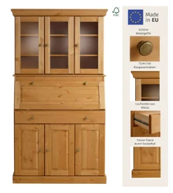 OTTO home Sekretär »Rosi im Landhausstil« Schreibtisch aus Massivholz, mit Vitrine, in 2 Breiten