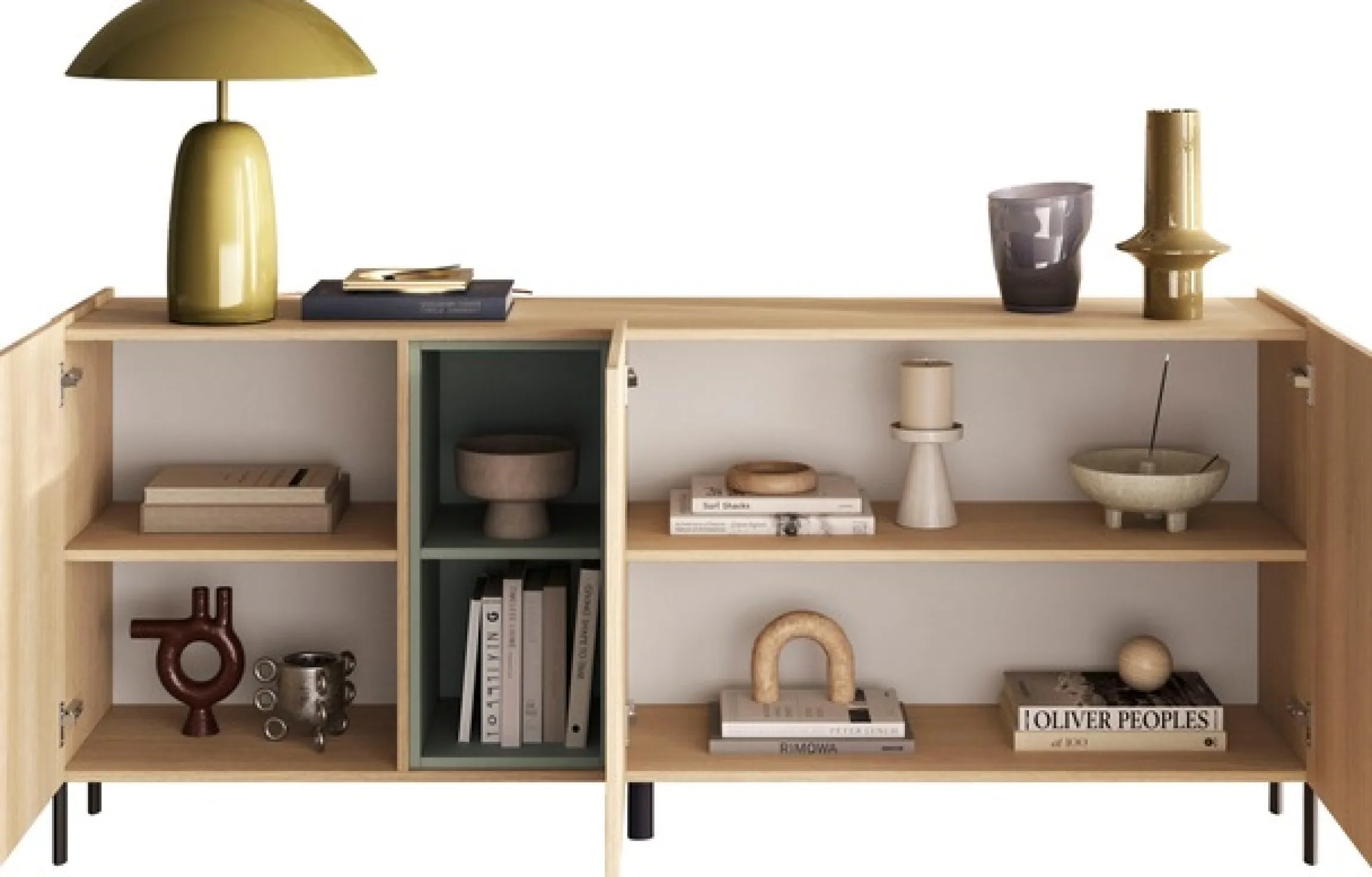OTTO home Sideboard »Badia, 182 cm breit, 3 Türen, Anrichte, Kommode, Stauraumschrank« Innenliegendes Top, gerade Metallfüße, salbeigrüne Farbakzente