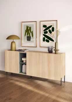 OTTO home Sideboard »Badia, 182 cm breit, 3 Türen, Anrichte, Kommode, Stauraumschrank« Innenliegendes Top, gerade Metallfüße, salbeigrüne Farbakzente
