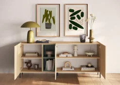 OTTO home Sideboard »Badia, 182 cm breit, 3 Türen, Anrichte, Kommode, Stauraumschrank« Innenliegendes Top, gerade Metallfüße, salbeigrüne Farbakzente