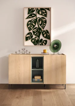OTTO home Sideboard »Badia, 132 cm breit, 2 Türen, Anrichte, Kommode, Stauraumschrank« Innenliegendes Top, gerade Metallfüße, salbeigrüne Farbakzente