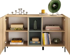 OTTO home Sideboard »Badia, 132 cm breit, 2 Türen, Anrichte, Kommode, Stauraumschrank« Innenliegendes Top, gerade Metallfüße, salbeigrüne Farbakzente