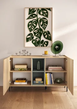 OTTO home Sideboard »Badia, 132 cm breit, 2 Türen, Anrichte, Kommode, Stauraumschrank« Innenliegendes Top, gerade Metallfüße, salbeigrüne Farbakzente