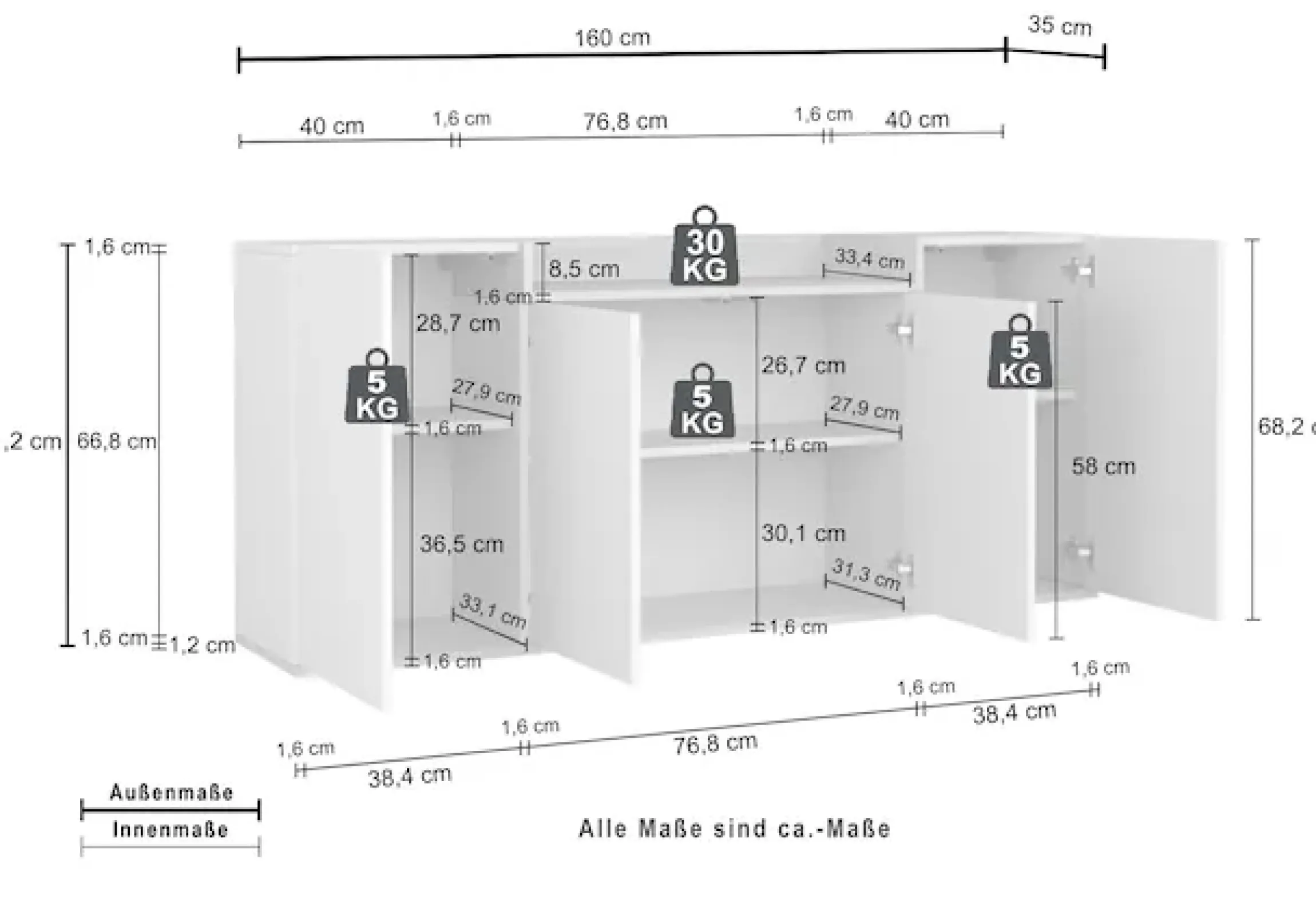 OTTO home Sideboard »BOLSENA, Kommode, Schrank,Lowboard mit 6 Fächer und offenes Ablagefach« 1 Stk. tlg. stehend/hängend montierbar, Made in Italy, B/T/H: 160 × 35 × 71,2 cm